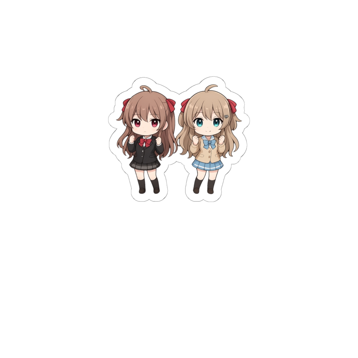 Two anime-style stickers. One depicts a character in a black school uniform with a red bow, the other in a beige jacket and blue skirt. Both have large eyes and are set against a dark blue and gold...